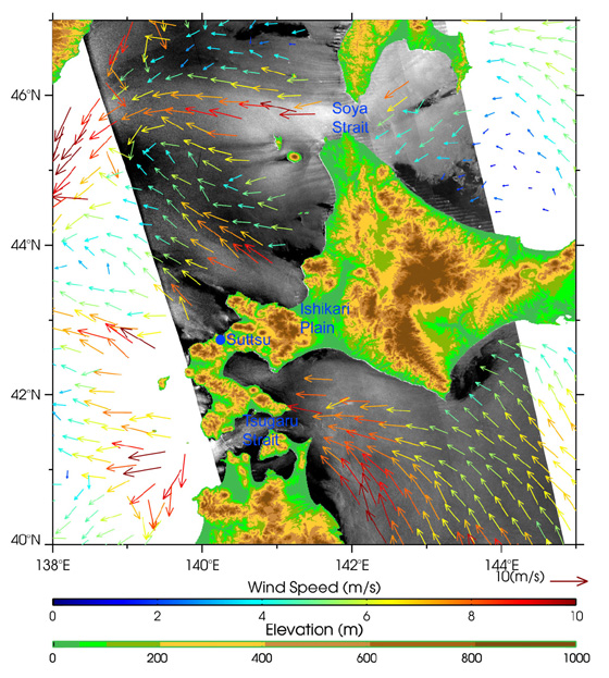 Gap winds around Hokkaido, Japan, observed by PALSAR (ScanSAR) on 8 June 2006.