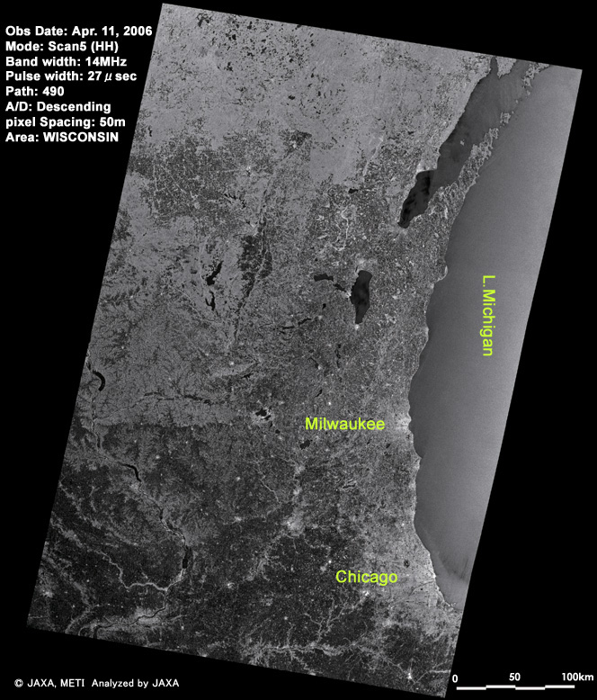 Around Lake Michigan, U.S.A. image observed by PALSAR (ScanSAR) on Apr. 11, 2006.