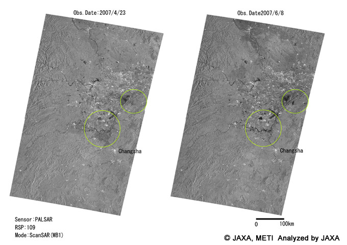 South of China Flood observation by SCANSAR(PALSAR). (Left:April 23, 2007)(Right:June 8, 2007)