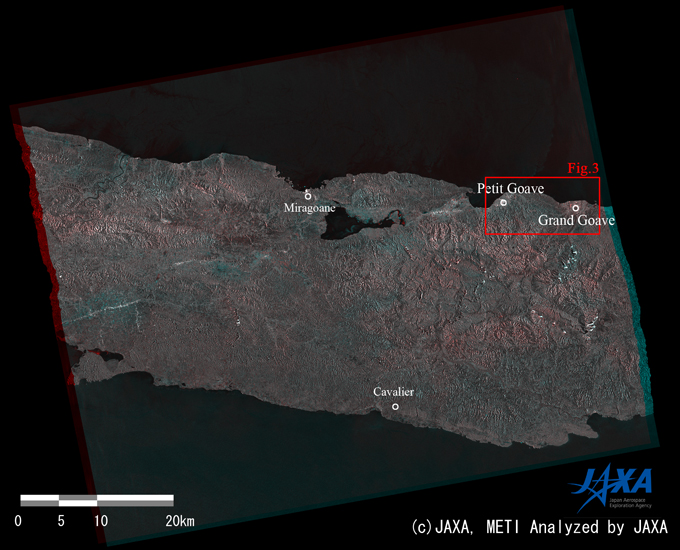 Fig. 2. A color composite image generated from PALSAR amplitude images acquired before (red: 2009/2/28) and after (green & blue: 2010/1/16) the earthquake.