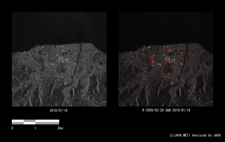 Fig. 4. Enlarged amplitude image around Grand-Goave (left) and color composite image (right) enclosed by the red rectangle in Figure 3.