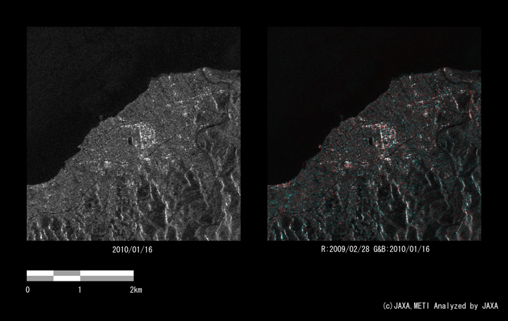 Fig. 5. Enlarged amplitude image around Petit-Goave (left) and color composite image (right) enclosed by the blue rectangle in Figure 3.