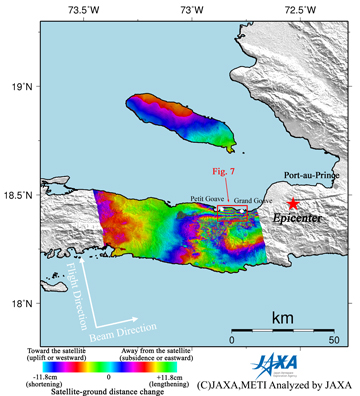 Figure 6 left is an interferogram generated from PALSAR data acquired before and after the earthquake using the DInSAR technique. A color pattern illustrates changes of satellite-ground distance for the period.