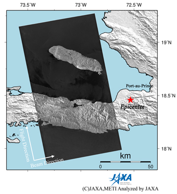 Figure 6 right is a PALSAR amplitude image acquired after the earthquake indicating an observation field of 150km from south to north.