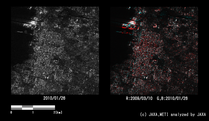 Fig. 3. An enlarged amplitude image around Port-au-Prince (left) and a color composite image (right) enclosed by the red rectangle in Figure 2.