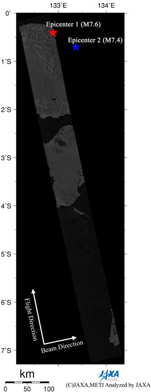 Fig.1(right): PALSAR Amplitude image of the northwestern coast of New Guinea Island, Indonesia.