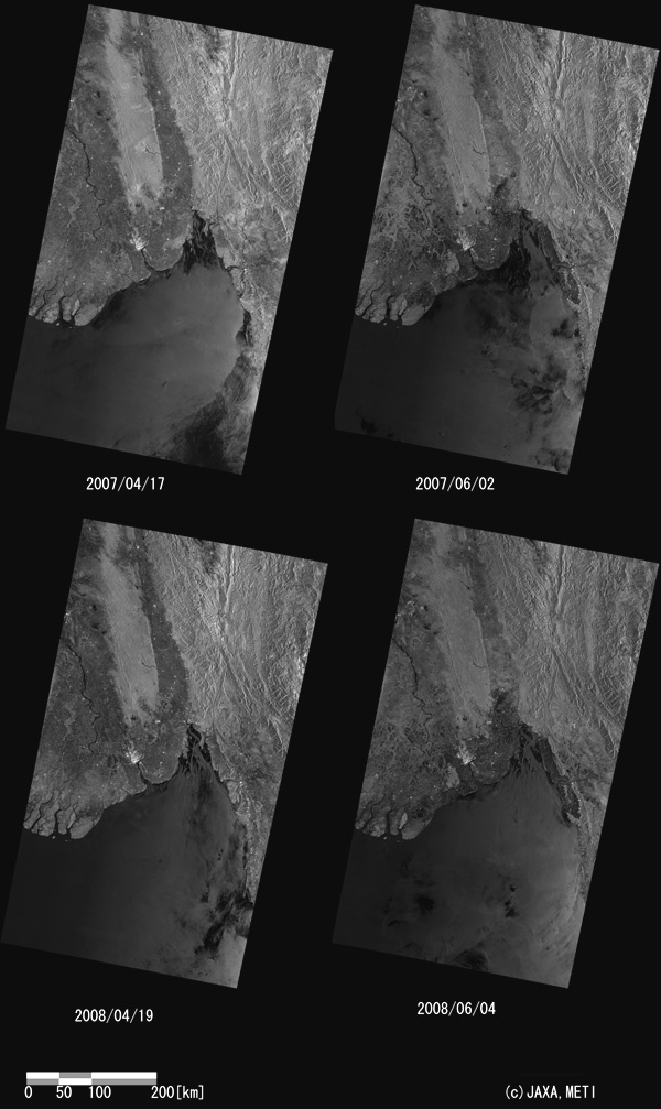 PALSAR ScanSAR images on April 17, 2007 (top left), June 2, 2007 (top right), April 19, 2008 (lower left), and June 4, 2008 (lower right).