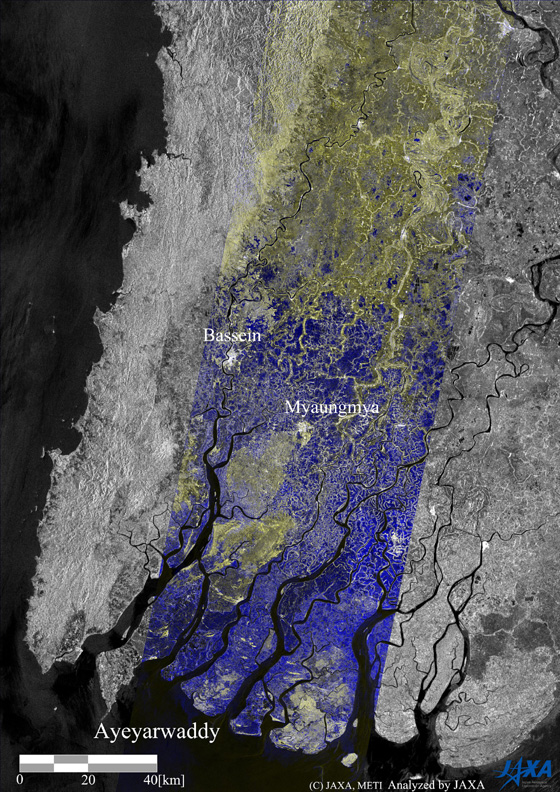 A color composite of these images (Fig.2), RED and GREEN for after the flood of May 6 and BLUE for the before of Apr. 24, shows the land surface change in the color. BLUE color in the figure shows the flooding in dominant and it spread out widely in the image.