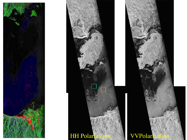 Fig. 2 Left - Three-component decomposition image. Middle - HH polarization image. Right - VV polarization image.