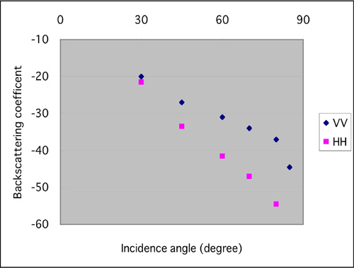 Fig. 3. Incidence angle dependency on backscattering coefficient for sea waves detected by L-band SAR