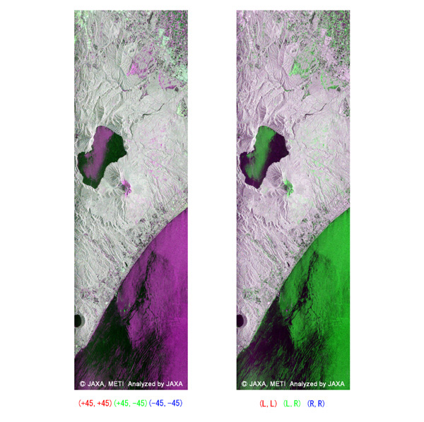 Fig. 3. Color images composed using 45/-45 linear polarization and left-/right-hand circular polarization