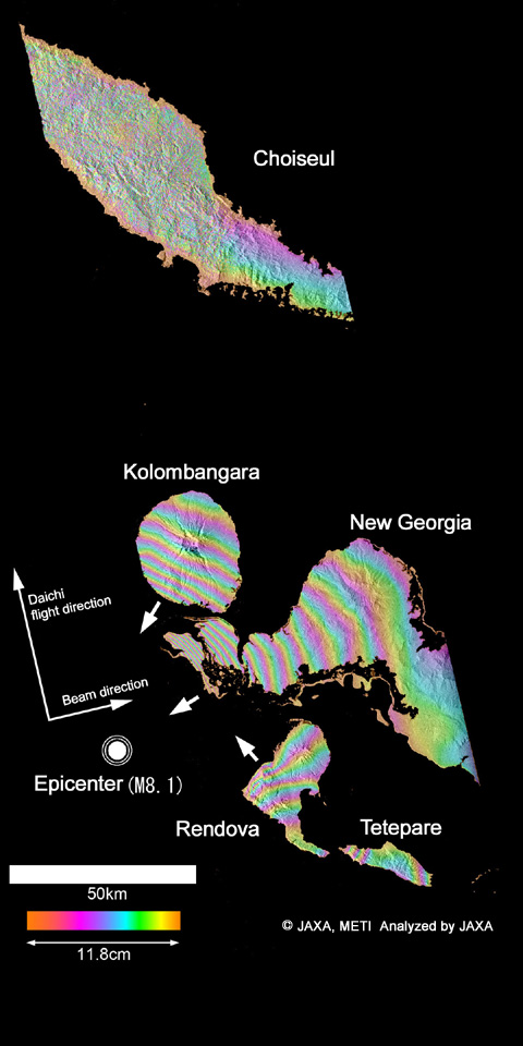 fig.1: Japan Aerospace Exploration Agency succeeded to detect the surface deformations at the New Georgia islands, i.e., the new Georgia, Kolombangara, Rendoba, and Tetepare island of Solomon islands, caused by the M8.1 Earthquake occurred on April 2 using the PALSAR Interferometry.