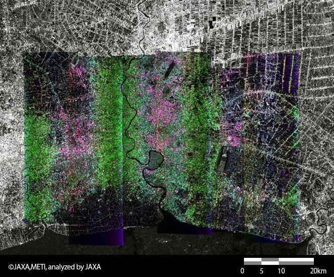 Fig. 2: the color composite image, which connected the data observerd by Pi-SAR-L on November 5 to November 7. The background is a image observed by PALSAR installed on the ALOS.