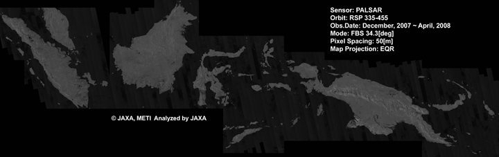 Fig.3: Mosaic of Asia and Oceania Area (PALSAR 50m Orthorectified Mosaic product for Dec., 2007 ~ Apr., 2008).