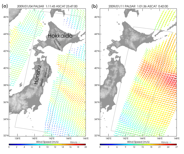 Fig.2 near-simultaneous wind fields from MetOp / ASCAT*, which were observed within 2 hours of the PALSAR observations.