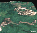 2008年7月2日に陸域観測技術衛星「だいち」(ALOS)が観測した荒砥沢ダム北側の土砂崩れ(PRISM/AVNIR-2パンシャープン画像による鳥瞰図。荒砥沢ダム北側からの眺望)