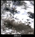 2009年2月3日に陸域観測技術衛星「だいち」(ALOS)搭載の高性能可視近赤外放射計2型(アブニール・ツー)により取得した浅間山付近の拡大画像