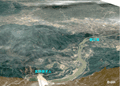 2008年6月4日に取得された陸域観測技術衛星「だいち」(ALOS)搭載のPRISMとAVNIR-2画像を用いて作成したパンシャープン画像による都江堰付近の鳥瞰図