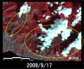 陸域観測技術衛星「だいち」(ALOS)搭載の高性能可視近赤外放射計2型(アブニール・ツー)で観測されたイタリア北西部の森林地帯での山林火災により焼失したと考えられる箇所周辺の拡大画像(それぞれ約9km×7kmのエリア、火災後の2009年9月17日に観測)