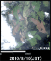 陸域観測技術衛星「だいち」搭載センサ、アブニール・ツーで観測されたチェコ北部Poustka付近の冠水の様子(約4km×4kmのエリア、災害発生後2010年8月10日観測)