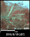 陸域観測技術衛星「だいち」搭載センサ、アブニール・ツーで観測された中国北西部甘粛省甘南チベット族自治州舟曲県の土砂崩れが発生した三眼村付近の拡大(4km四方のエリア、災害発生後2010年8月10日観測)