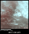 陸域観測技術衛星「だいち」搭載センサ、アブニール・ツーで観測された新燃岳付近の噴火の様子(約8km×8kmのエリア、噴火後の2011年1月28日午前10時56分頃観測)