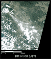 陸域観測技術衛星「だいち」搭載センサ、アブニール・ツーで観測された新燃岳の噴煙の様子(約60km×60kmのエリア、噴火後の2011年1月31日午前11時19分頃観測)