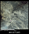 陸域観測技術衛星「だいち」搭載センサ、アブニール・ツーで観測された宮崎県高原町の降灰の様子(約20km×20kmのエリア、噴火後の2011年2月7日観測)