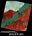 陸域観測技術衛星「だいち」搭載センサ、アブニール・ツーで観測されたパキスタン・Kashmore付近の河川増水の様子(約70km×70kmのエリア、災害後2010年9月6日観測)