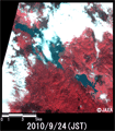 陸域観測技術衛星「だいち」搭載センサ、アブニール・ツーで観測されたスロベニアCerknica付近の増水の様子(約16km×16kmのエリア、災害後2010年9月24日観測)