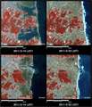 上2図:福島県南相馬市小高区付近の冠水の様子(約6km×6kmのエリア、左:地震後2011年3月14日、右:地震前2011年2月23日)下2図:福島県浪江町請戸港付近の冠水の様子(約6km×6kmのエリア、左:地震後2011年3月14日、右:地震前2011年2月23日)上下とも陸域観測技術衛星「だいち」搭載センサ、アブニール・ツー観測