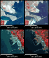 上2図:茨城県日立市日立港の様子(約2km×2kmのエリア、左:地震後2011年3月17日、右:地震前2011年2月23日)下2図:千葉県銚子市銚子マリーナの様子(約2km×2kmのエリア、左:地震後2011年3月17日、右:地震前2011年2月27日)上下とも陸域観測技術衛星「だいち」搭載センサ、アブニール・ツー観測