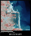陸域観測技術衛星「だいち」搭載センサ、アブニール・ツーによる福島県相馬市付近の様子(約12km×12kmのエリア、地震後の2011年3月19日観測)
