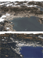 陸域観測技術衛星「だいち」搭載センサ、プリズムとアブニール・ツーの画像を用いて作成された岩手県陸前高田市付近の東日本大震災前後の鳥瞰図(上図(震災後):標高データ(DSM)、パンシャープン画像：2011年3月24日、下図(震災前):標高データ(DSM)、パンシャープン画像：2010年11月6日)