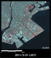陸域観測技術衛星「だいち」搭載センサ、アブニール・ツーで観測された千葉県浦安市の様子(約7km×7kmのエリア、地震後2011年3月31日観測)