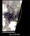 陸域観測技術衛星「だいち」搭載センサ、プリズムとアブニール・ツーで観測により作成したパンシャープン画像による宮城県名取市の冠水の様子(約5km×5kmのエリア。災害後の2011年3月12日10時28分頃(日本時間)観測