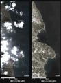 陸域観測技術衛星「だいち」搭載センサ、プリズムとアブニール・ツーによるパンシャープン画像の久慈市から野田村の様子、左: 地震後2011年3月24日、右: 地震前2011年2月23日。