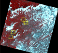 2008年5月23日に取得したAVNIR-2画像の拡大画像(フォールスカラー画像、R,G,B=バンド4, 3, 2でカラー合成)