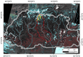 陸域観測技術衛星「だいち」搭載センサ、プリズムとアブニール・ツー観測画像によるブータン全域のパンシャープン画像。図中のグレーは国境、水色は水系、赤枠はマンデ川流域を示します。黄色枠は本台帳に掲載している92の氷河湖を示しています。