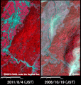 左/災害後の2011年8月4日にフォルモサット・ツーにより観測された信濃川の増水の様子1(約20km×40kmのエリア)、右/災害前の2006年10月19日に陸域観測技術衛星「だいち」搭載センサ、アブニール・ツーで観測された信濃川の様子1(約20km×40kmのエリア)
