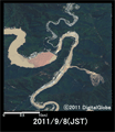 災害後の2011年9月8日にワールドビュー・ツーにより観測された奈良県十津川村風屋ダム周辺の様子(約3km×3kmのエリア)