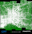 Pi-SAR-Lによる2011年11月7-9日の観測データを用いて作成されたバンコク周辺の洪水マップ。緑色の場所が冠水域と見られる場所