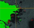 平成19年4月22日にカナダ北西部の海氷災害被災領域を観測したパルサーのオルソ補正画像。赤丸は船舶の位置を示す