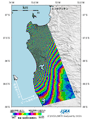 2010年2月27日15時34分頃(日本時間)に発生したチリ中部の沿岸地震震央付近の領域を陸域観測技術衛星「だいち」(ALOS)搭載のLバンド合成開口レーダ(PALSAR；パルサー)により地震後の観測画像(2010年3月2日)と地震前(2010年1月15日)に取得した同じ軌道からの画像を使用して作成した差分干渉処理画像