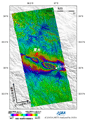 2010年4月14日8時49分頃(日本時間)に発生した中国青海省地震に伴う地殻変動を検出するため、陸域観測技術衛星「だいち」(ALOS)搭載のLバンド合成開口レーダ(PALSAR；パルサー)により地震後の観測画像(2010年4月18日)と地震前(2010年1月16日)に取得した同じ軌道からの画像を使用して作成した差分干渉処理画像