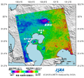 陸域観測技術衛星「だいち」(ALOS)搭載のLバンド合成開口レーダ(PALSAR；パルサー)により観測された霧島連山・新燃岳周辺の噴火前(2010年11月20日)と噴火後(2011年2月20日)に取得した画像を使用して作成した差分干渉処理画像(地殻変動図)