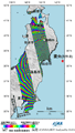 東日本大震災に伴う地殻変動を検出するため、陸域観測技術衛星「だいち」(ALOS)搭載のLバンド合成開口レーダ(PALSAR；パルサー)により観測された地震前と地震後(2011年4月1日(右上)及び同年4月6日(左下))に取得した画像を使用して作成した差分干渉処理画像