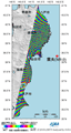 東日本大震災に伴う地殻変動を検出するため、陸域観測技術衛星「だいち」(ALOS)搭載のLバンド合成開口レーダ(PALSAR；パルサー)により観測された地震前(2010年11月20日)と地震後(2011年4月7日)に取得した画像を使用して作成した差分干渉処理画像