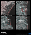 陸域観測技術衛星「だいち」搭載センサ、PALSARでの災害前の2008年6月21日観測の画像を赤に、災害後の2011年3月13日観測の画像を緑と青に割り当てたカラー合成画像からの宮城県から福島県の各地の拡大図