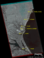 陸域観測技術衛星「だいち」(ALOS)搭載のLバンド合成開口レーダ(PALSAR；パルサー)によるPALSARでの災害前の2011年2月2日観測の画像を赤に、災害後の2011年3月20日の画像を緑と青に割り当てたカラー合成画像から、茨城県の拡大図